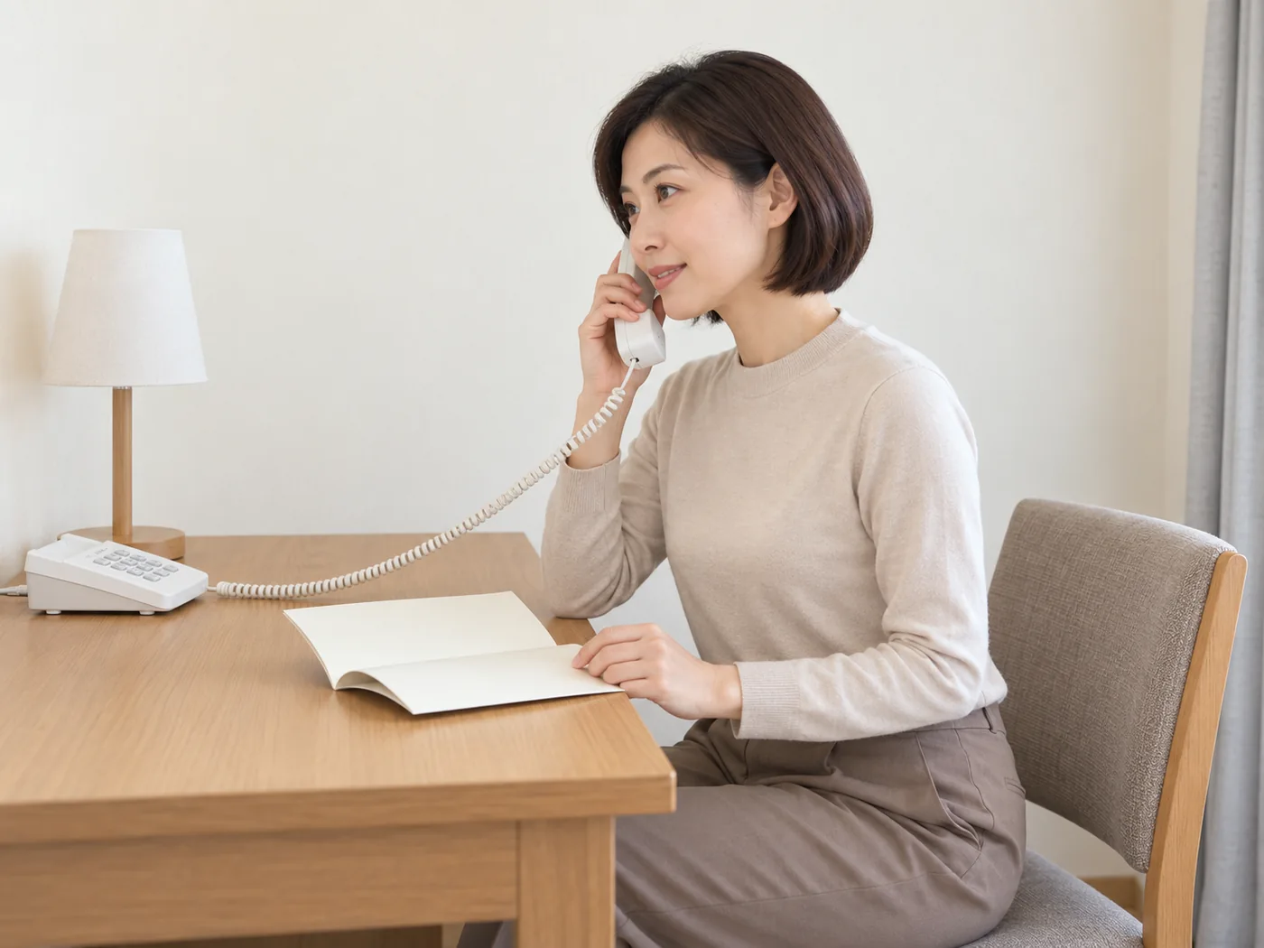 滞在先への訪問サービスの利用条件を電話で確認する女性のイメージ