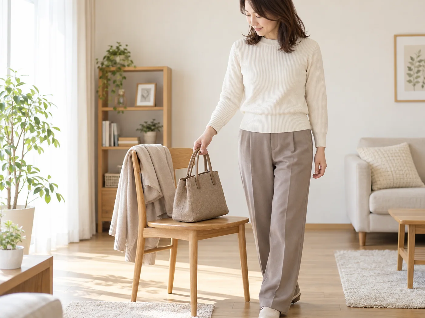 店舗へ向かうためにバッグと上着を用意する女性のイメージ