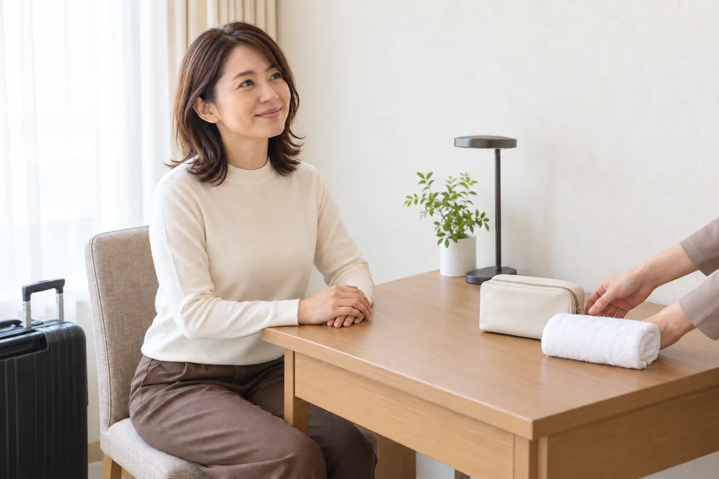 滞在先で出張施術の準備を確認する女性のお客様のイメージ