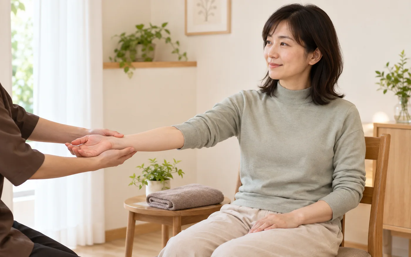 組み合わせ施術の中で腕を無理なく伸ばす様子のイメージ