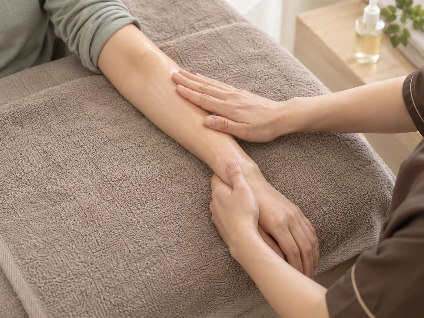 女性の前腕を支えながら行うオイルケアのイメージ