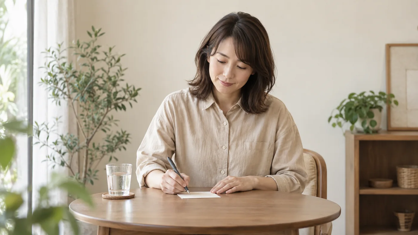 施術後に感想をカードへ記す女性のお客様のイメージ