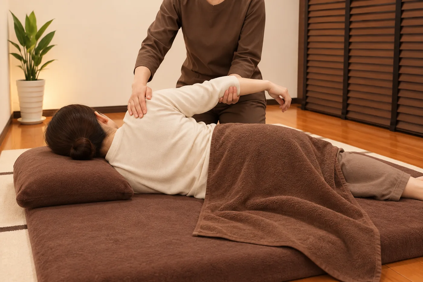 着衣の女性のお客様が横向きで肩まわりのケアを受けるイメージ