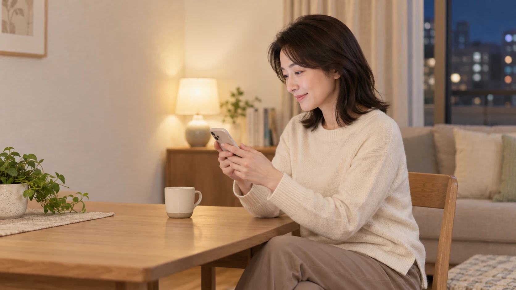 夜に明るい室内でスマートフォンから予約を検討する女性のイメージ