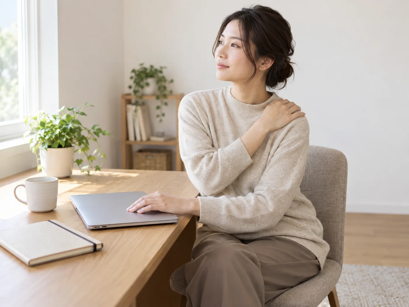 仕事の区切りに肩へ手を添えて休む女性のイメージ