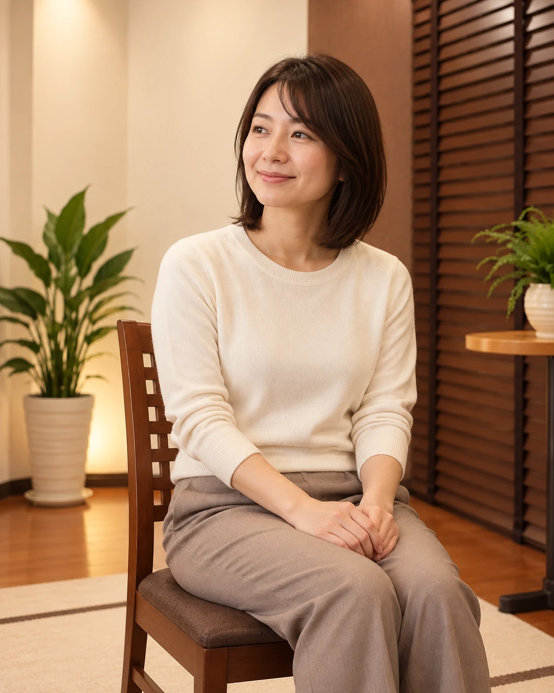 施術後に椅子でくつろぎ、自然に微笑む女性のお客様のイメージ