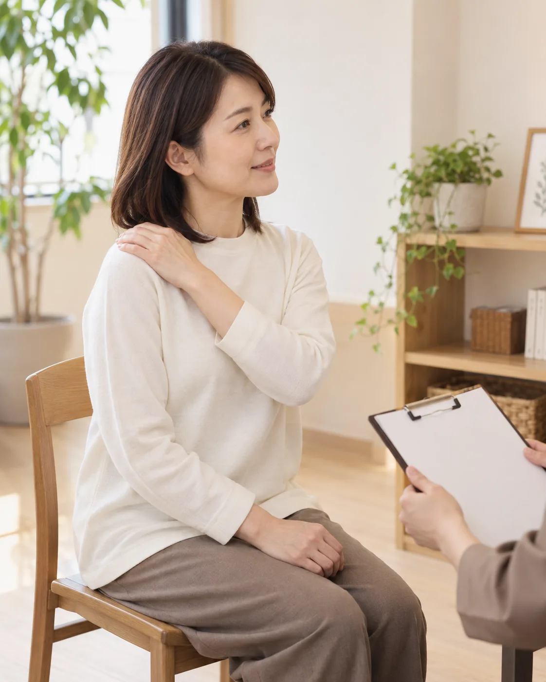 施術前に肩の動きを確かめながら希望を伝える女性のお客様のイメージ