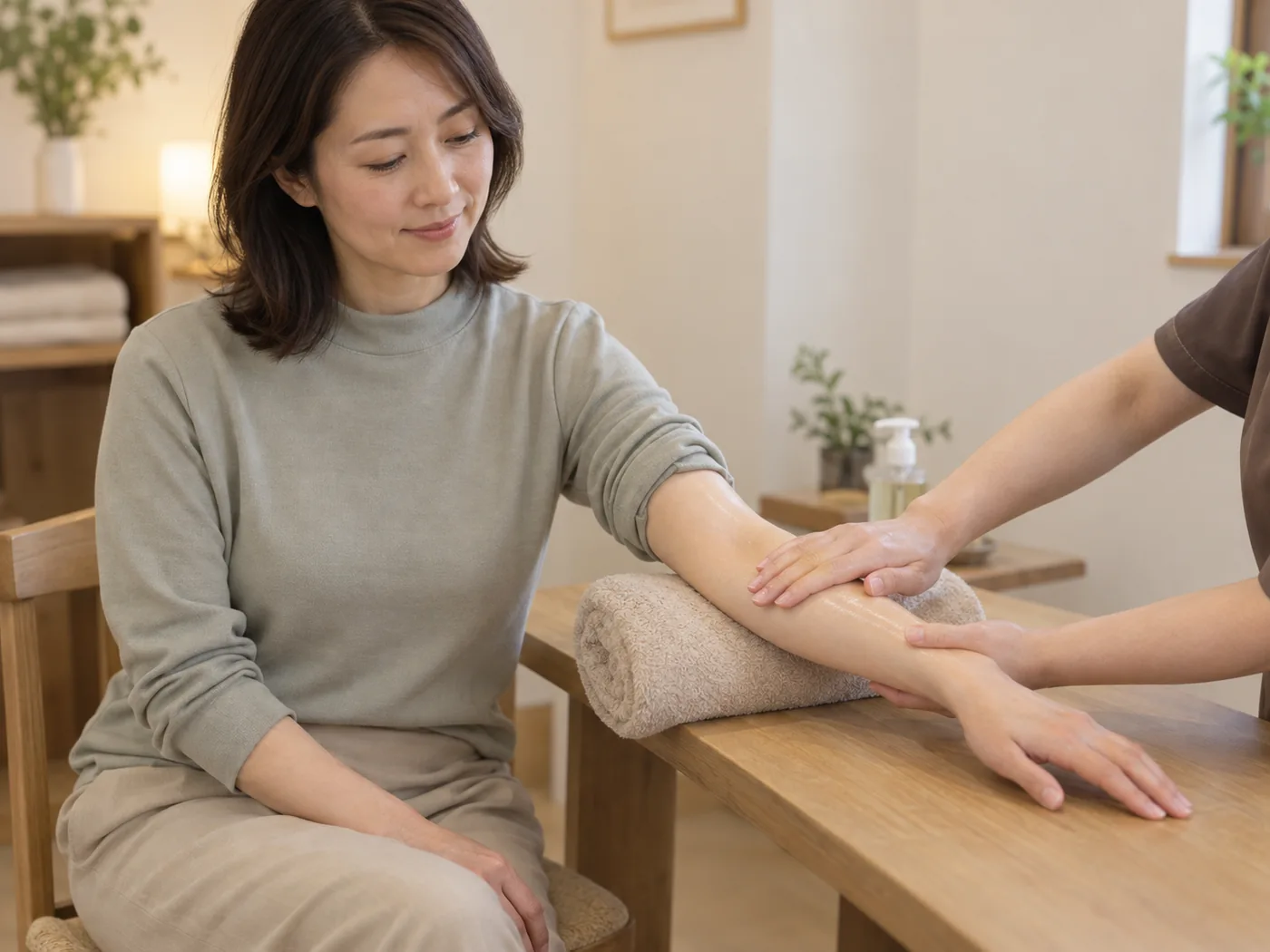 タオルで支えた女性の前腕へのオイルケアのイメージ