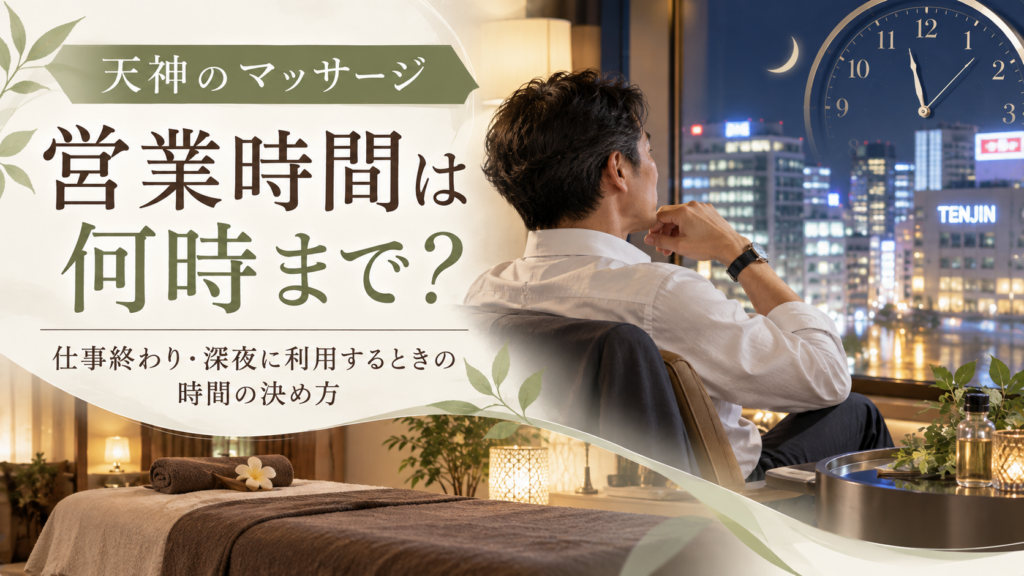 天神の夜景を眺める男性と時計、落ち着いた施術空間を描き、天神のマッサージ営業時間と仕事終わり・深夜の利用時間を表現