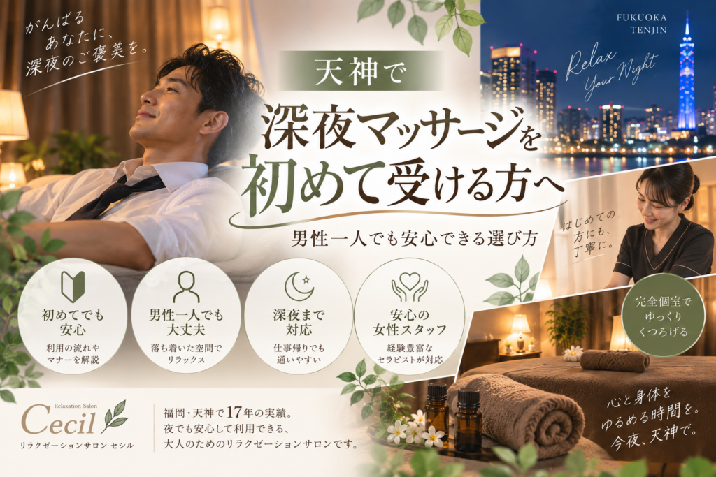 天神の夜景を背景に、男性が女性スタッフから着衣で施術を受け、初めての深夜マッサージでも安心できるポイントを紹介