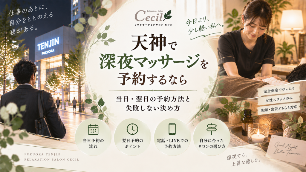 天神の夜景と仕事帰りの男性、女性スタッフによる施術を描き、当日・翌日の予約方法やサロン選びを示す深夜マッサージの構成