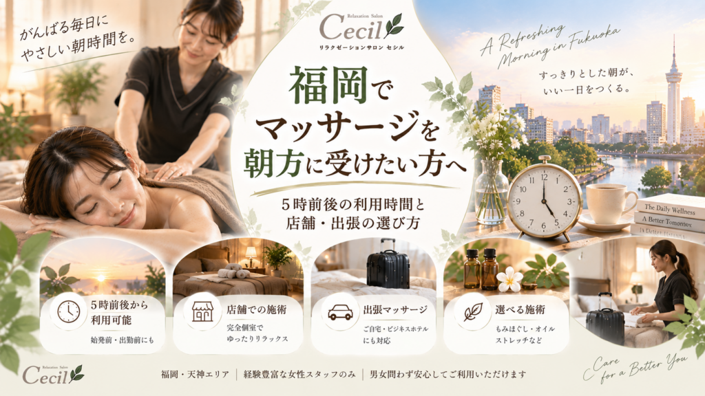 福岡でマッサージを朝方に受けたい方へ｜5時前後の利用時間と店舗・出張の選び方