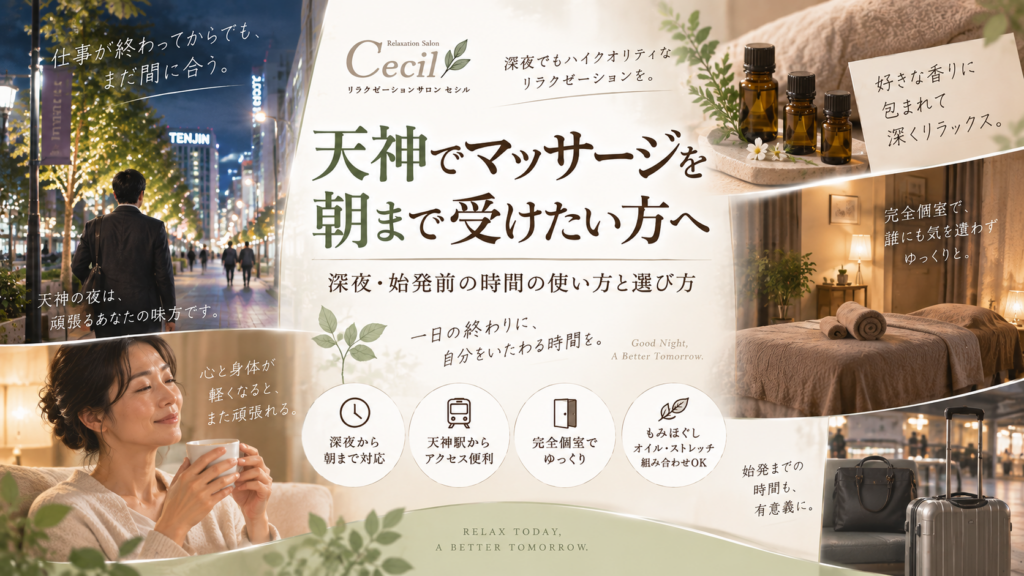 天神の夜景と落ち着いた施術空間、アロマオイルや女性利用者、仕事帰りの男性を描いた朝まで対応のマッサージ案内