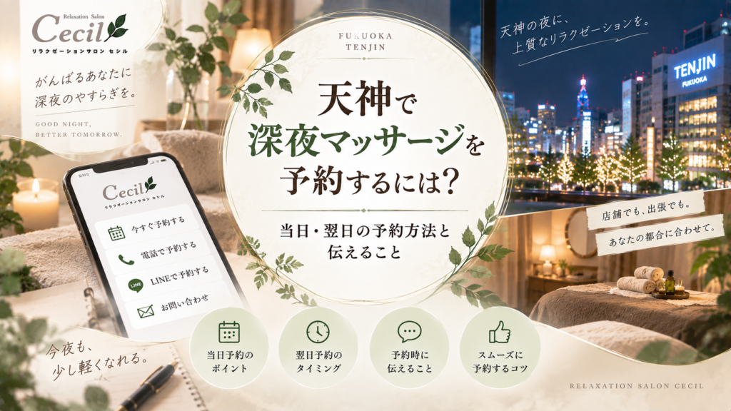 天神の夜景と落ち着いた施術空間、スマートフォンの予約画面を組み合わせ、深夜マッサージの当日・翌日予約方法を表現