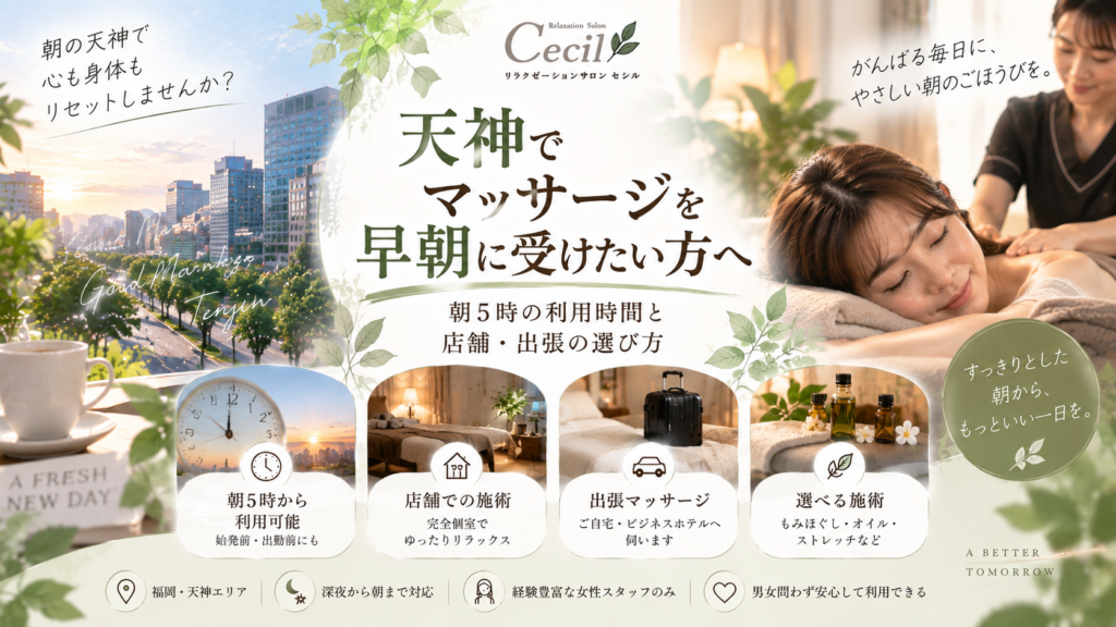 朝の天神の街並みと施術室で、女性が女性スタッフからマッサージを受け、朝5時からの店舗・出張利用を紹介する構成