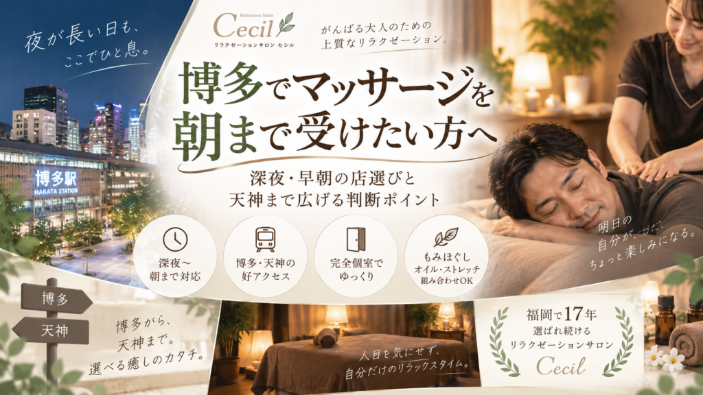 博多駅の夜景と落ち着いた個室で、男性が女性スタッフから施術を受ける様子を描いた朝まで対応のマッサージ