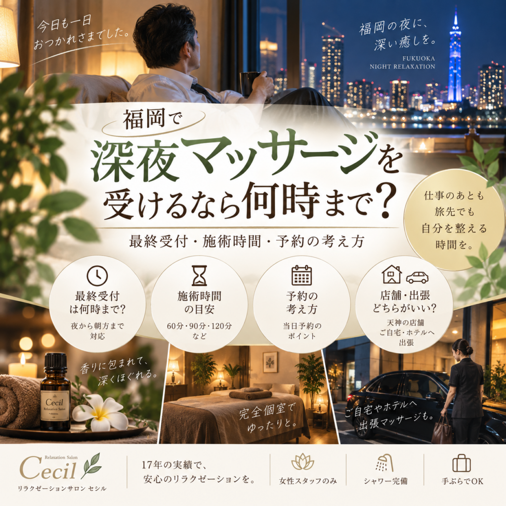 福岡の夜景を眺める男性と落ち着いたサロン空間を描き、深夜マッサージの最終受付・施術時間・予約の考え方を紹介