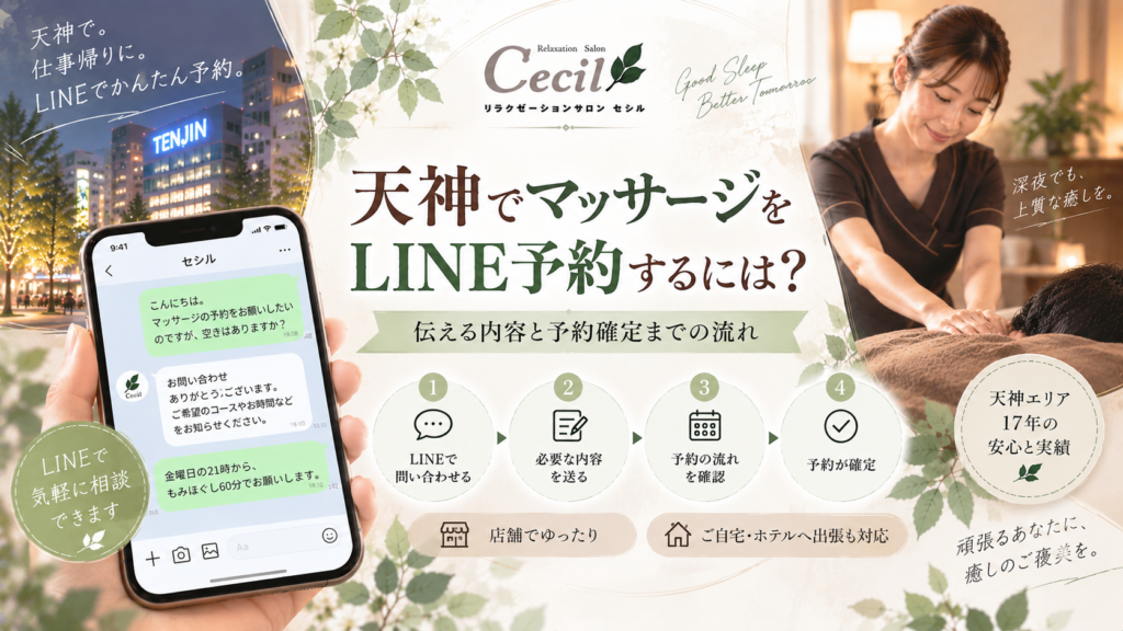 天神の夜景とLINEの予約画面、女性スタッフによる施術、4段階の予約手順を組み合わせ、マッサージのLINE予約から確定までを表現