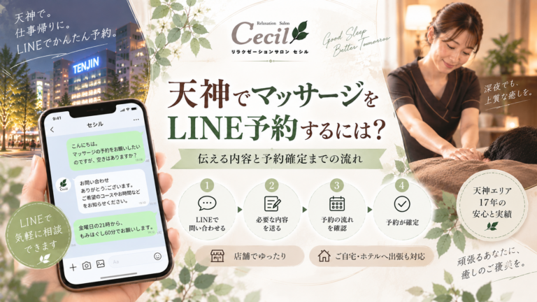 天神の夜景とLINEの予約画面、女性スタッフによる施術、4段階の予約手順を組み合わせ、マッサージのLINE予約から確定までを表現