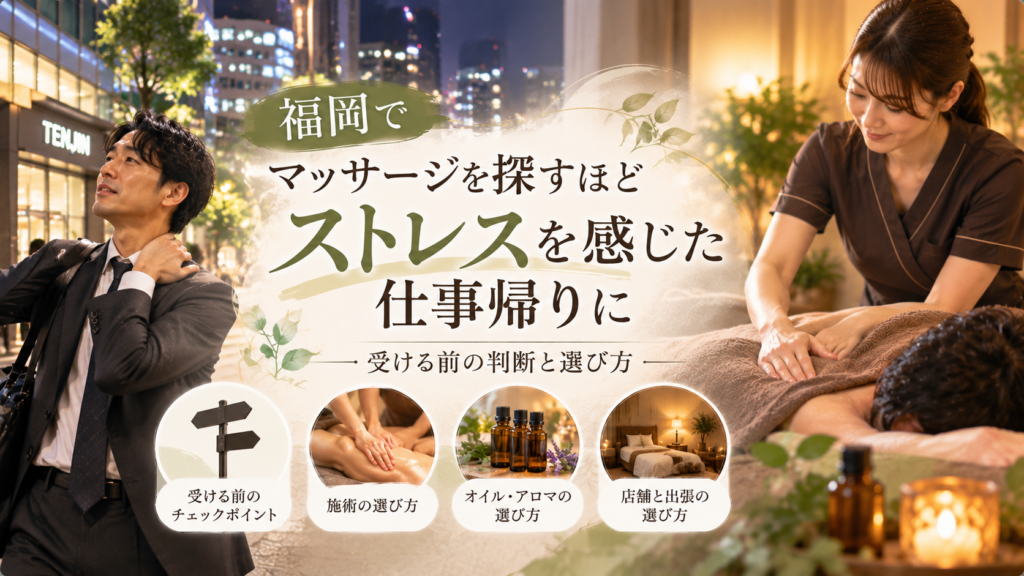 福岡でストレスを感じた仕事帰りにマッサージを受ける場面と、施術やオイル、店舗・出張の選び方を示す