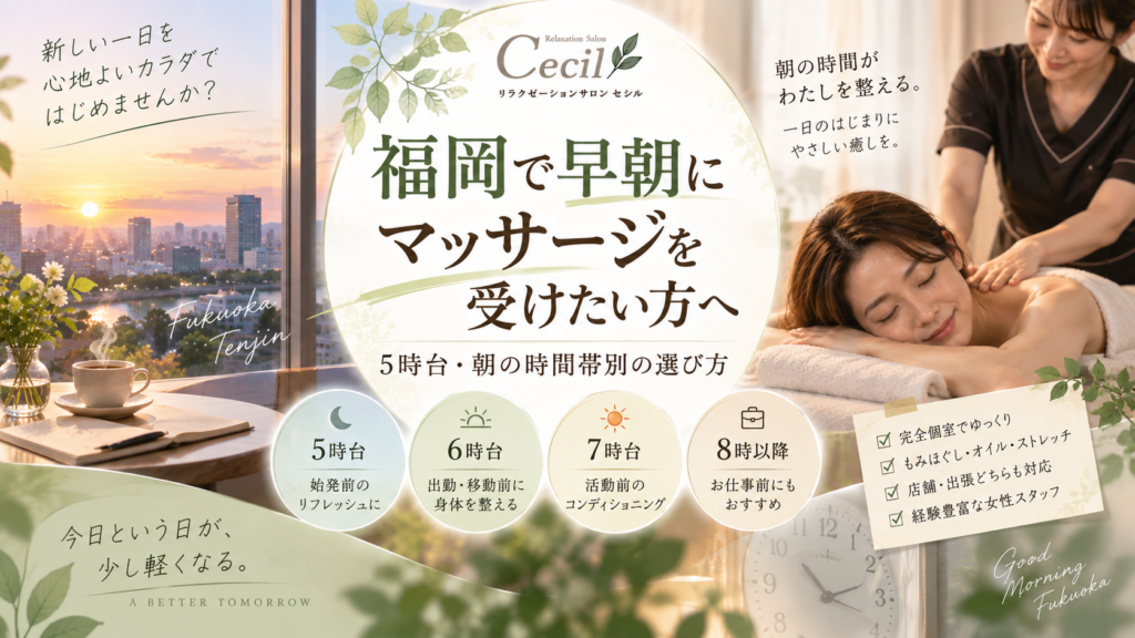 福岡の朝焼けと施術室を背景に、女性が女性スタッフからマッサージを受け、5時台から時間帯別の利用方法を紹介する構成