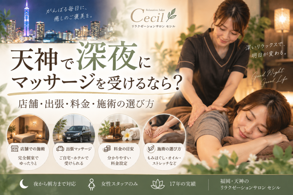 天神で深夜にマッサージを受けるなら？店舗・出張・料金・施術の選び方