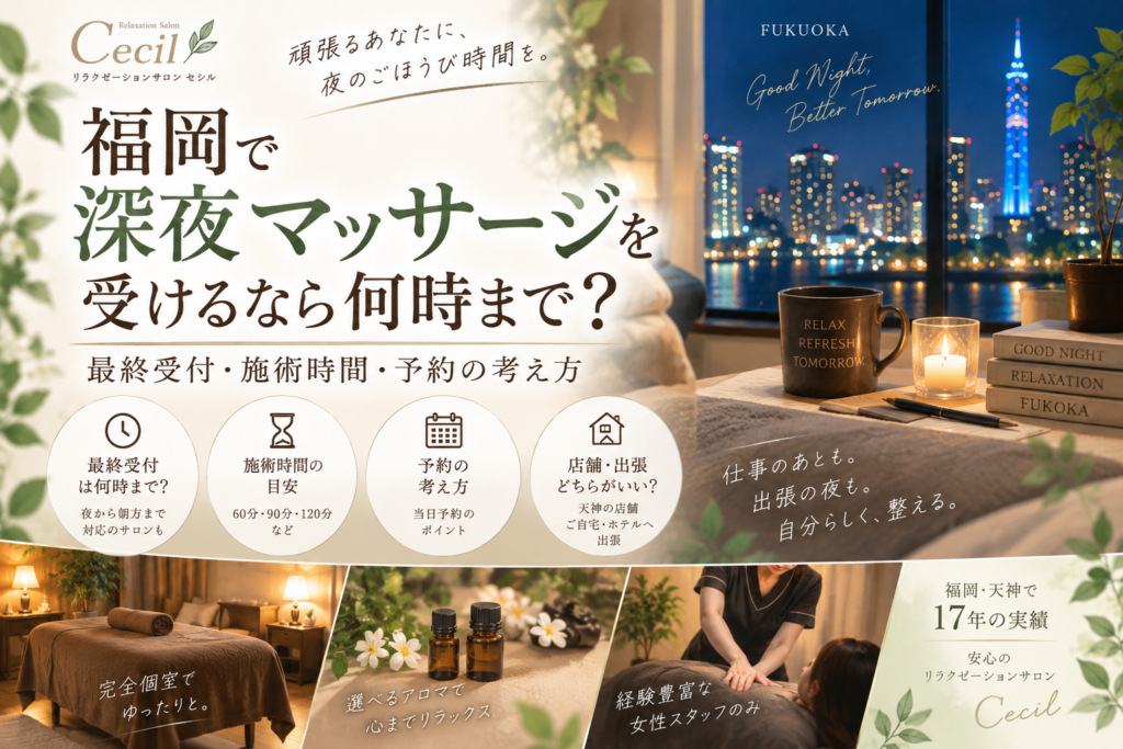 福岡の夜景と落ち着いた施術空間、女性スタッフによる着衣での施術を描き、深夜マッサージの最終受付や予約方法を紹介