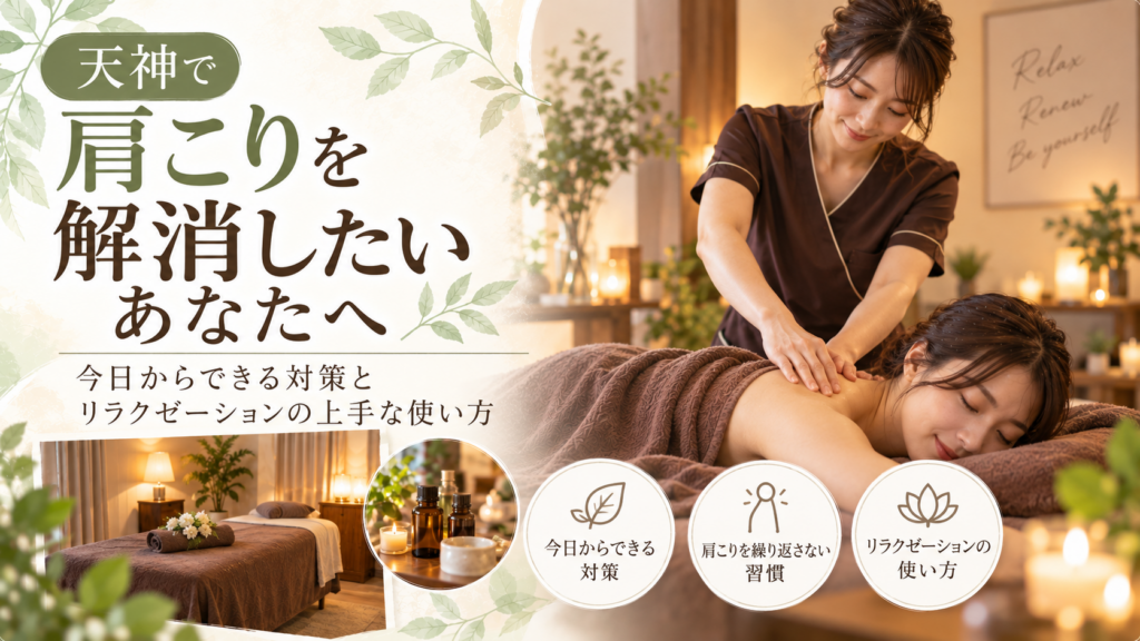 天神のリラクゼーションサロンで女性セラピストが肩まわりを施術している様子と、「天神で肩こりを解消したいあなたへ」と書かれた記事のアイキャッチ画像