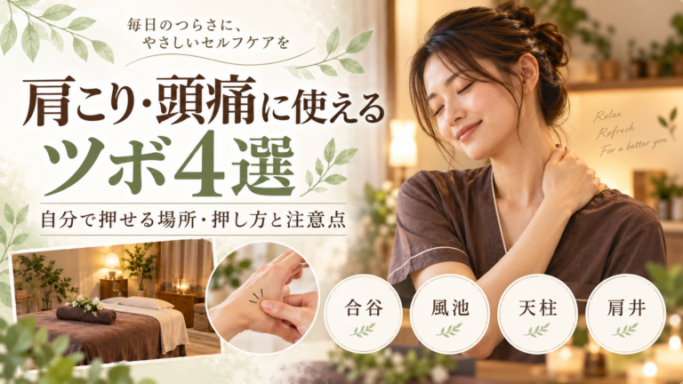 肩こりや頭痛に悩む方へ向けて、合谷・風池・天柱・肩井の4つのツボと押し方を紹介する記事のアイキャッチ画像