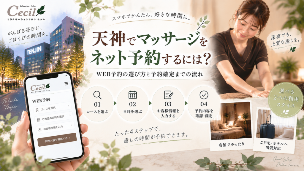 天神の街並みを背景にスマートフォンでマッサージをWEB予約し、コース・日時・情報入力・予約確定までの流れと店舗・出張の選択肢を示す構成