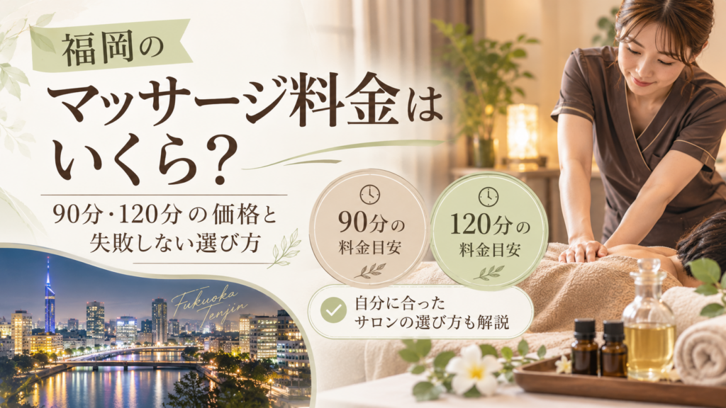 福岡の夜景と施術を受ける様子を背景に、90分・120分の料金目安とマッサージ店の選び方を示す構成