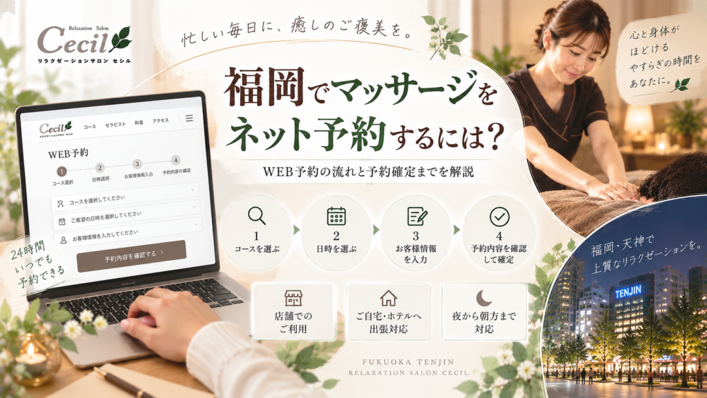 福岡・天神の夜景とノートPCのWEB予約画面、女性スタッフの施術、4段階の手順を組み合わせ、マッサージのネット予約から確定までを表現