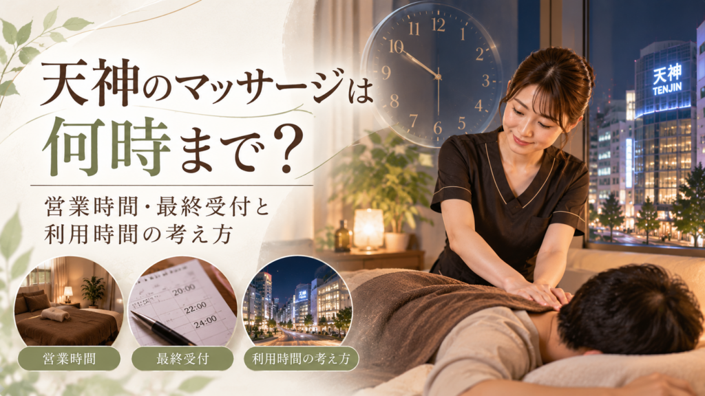 天神の夜景と時計を背景に女性スタッフが男性へ施術する様子を描き、マッサージの営業時間・最終受付・利用時間の考え方を示す構成