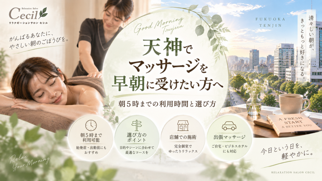 福岡でマッサージを朝方に受けたい方へ｜朝5時までの利用時間と店舗・出張の選び方
