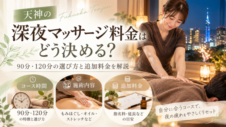 天神の深夜マッサージ料金をテーマに、90分・120分のコース時間、施術内容、追加料金、選び方を示す施術風景
