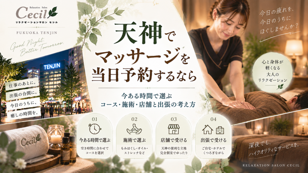 天神の夜景と女性スタッフによる施術を背景に、空き時間に合わせたコースや店舗・出張を選ぶ当日予約の流れを表現