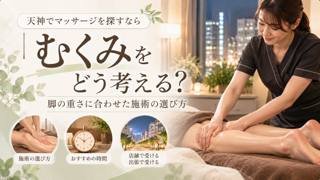 天神でむくみが気になるときのマッサージ選びを、脚への施術や時間、店舗・出張の利用方法で示す