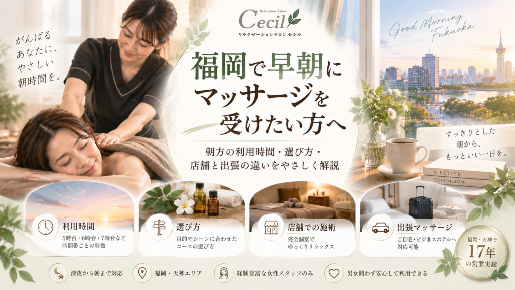 朝焼けの福岡市街と施術室を背景に、女性が女性スタッフから施術を受け、早朝の利用時間や店舗・出張の違いを紹介する構成