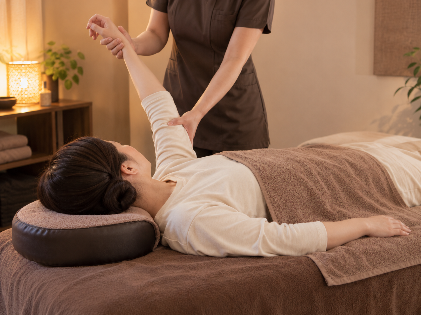 着衣の女性の腕をスタッフが支えてストレッチする様子