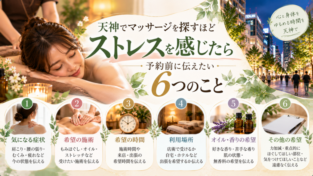 天神でマッサージを探す女性が、ストレスを感じた際に予約前に伝えたい症状や施術、時間、場所など6つの希望を確認する
