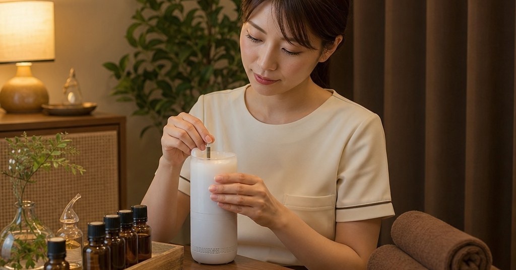 アイボリーとブラウンの清潔な個室で、アロマオイルを使ったリラクゼーション施術を受ける様子