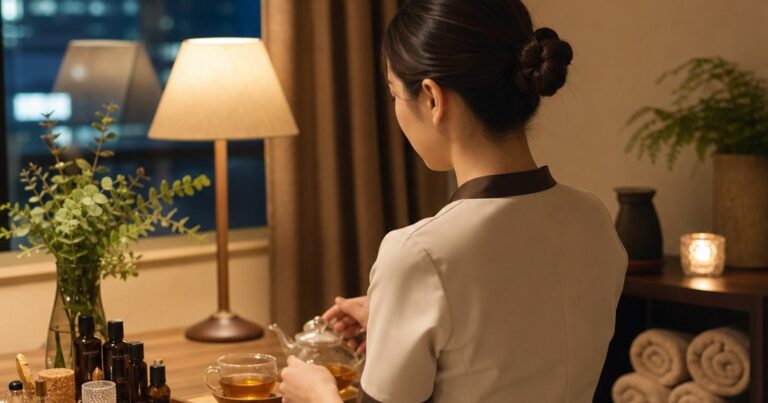 アイボリーとブラウンで整えた個室で、スタッフが背中のもみほぐしを行うリラクゼーションサロンの施術風景