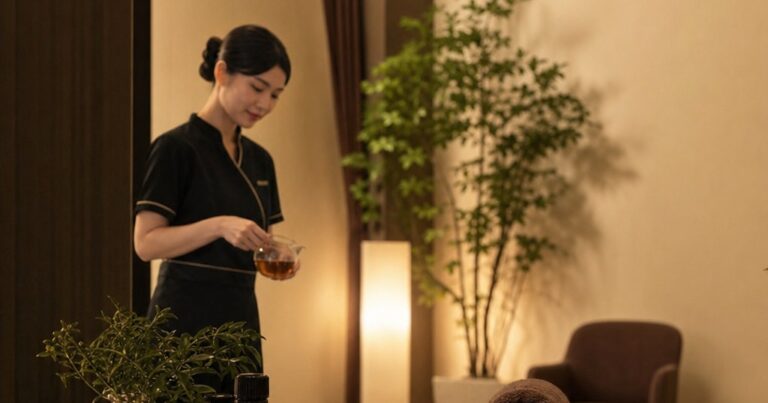 アイボリーとブラウンを基調にした個室で、スタッフが腰まわりのもみほぐしを行うリラクゼーションサロンの施術風景
