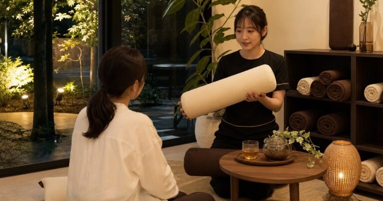 アイボリーとブラウンで整えた個室で、スタッフがクッションを使いながら横向きの寝姿勢を説明するリラクゼーションサロンの施術風景