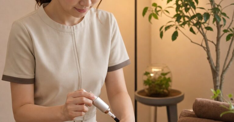 アイボリーとブラウンで整えた個室で、スタッフが利用者に無理のないストレッチを行うリラクゼーションサロンの施術風景