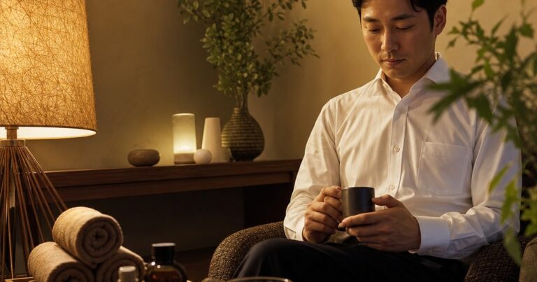 アイボリーとブラウンを基調にした個室で、仕事帰りの男性が落ち着いてもみほぐしを受けるリラクゼーションサロンの施術風景