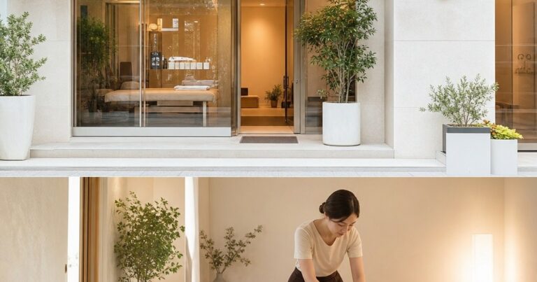 アイボリーとブラウンの清潔な個室で、施術者が落ち着いたもみほぐしを行うリラクゼーションサロンの様子