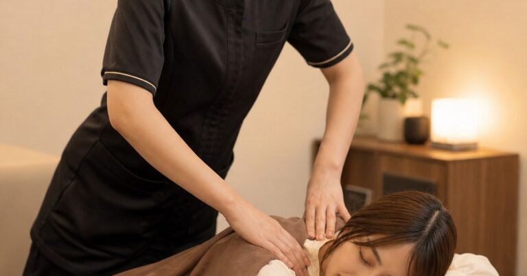 アイボリーとブラウンの清潔な個室で、スタッフが利用者の肩や背中をやさしくもみほぐすリラクゼーションサロンの施術風景