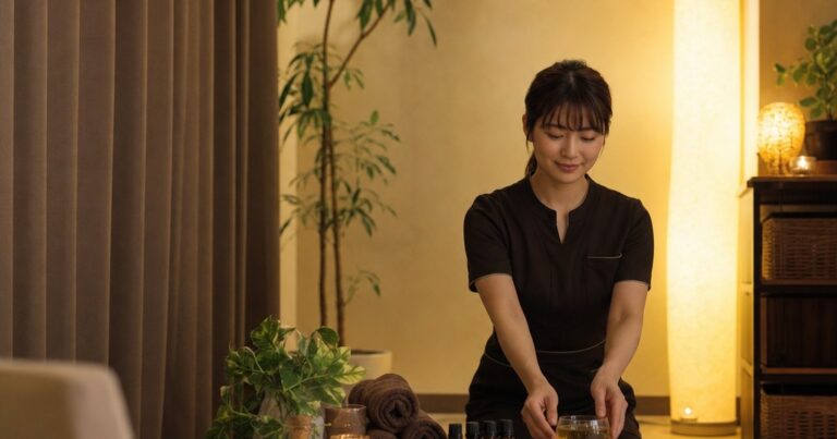 アイボリーとブラウンを基調にした個室で、スタッフが足のもみほぐみとストレッチを行うリラクゼーションサロンの施術風景