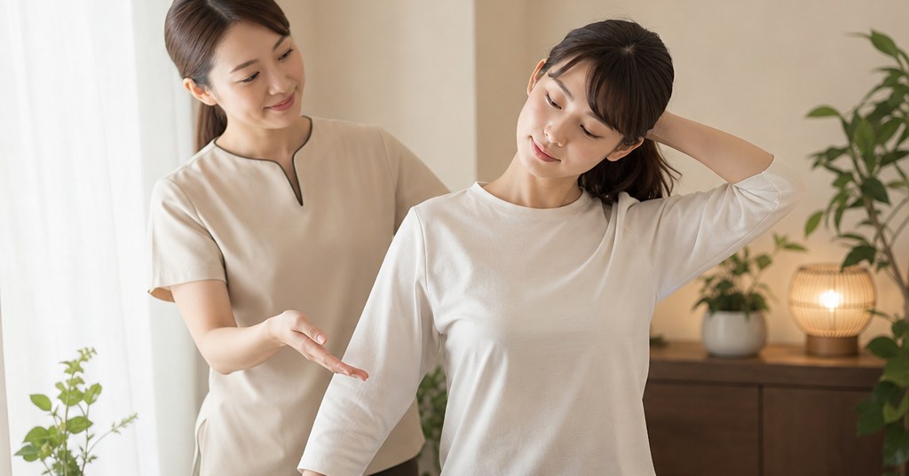 アイボリーとブラウンの清潔な個室で、スタッフが首や肩を無理なく動かすストレッチを案内する様子